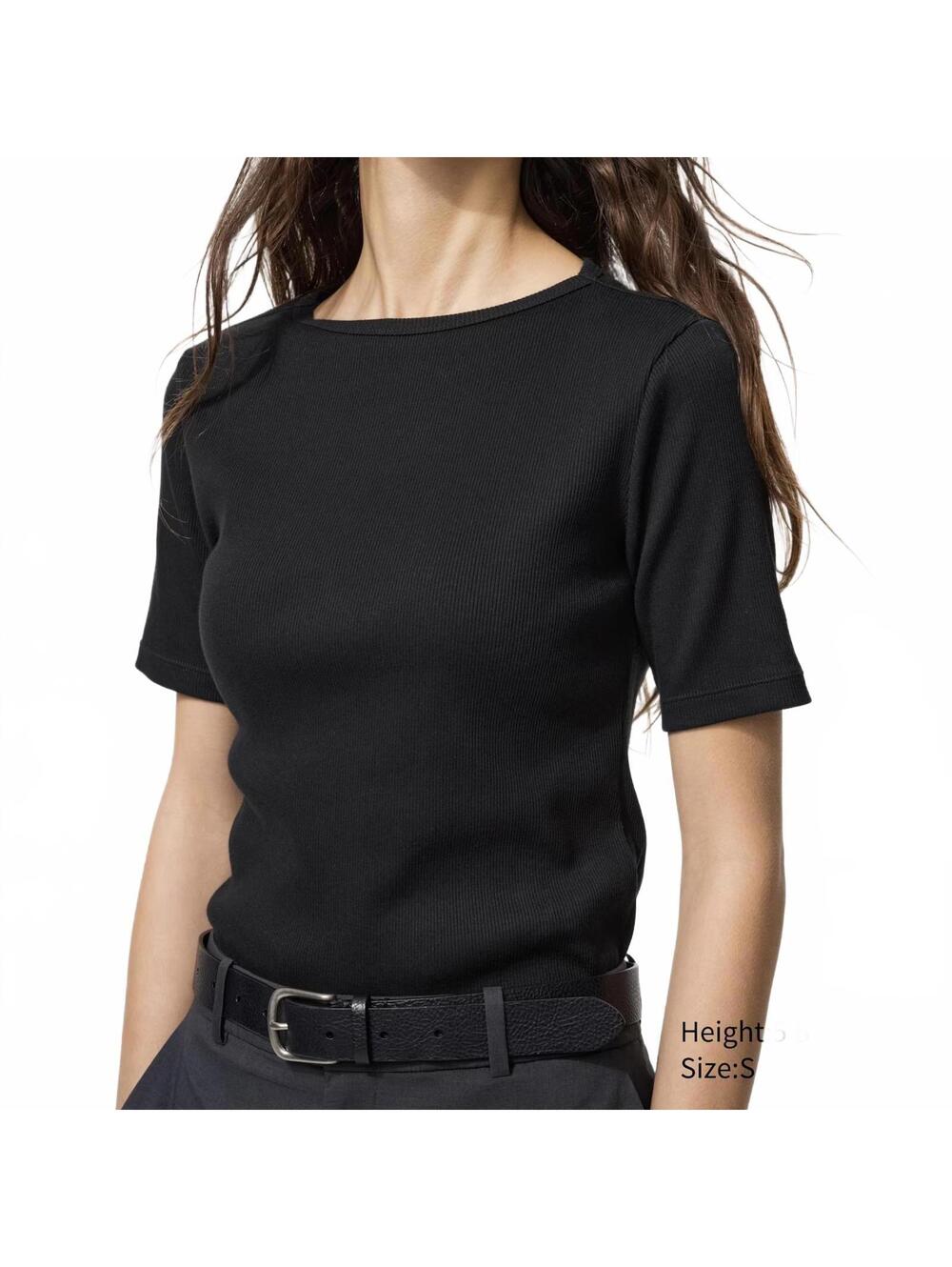 Uniqlo Boat Neck Ribbed T-Shirt | Half Sleeve Tee Black NWT Small